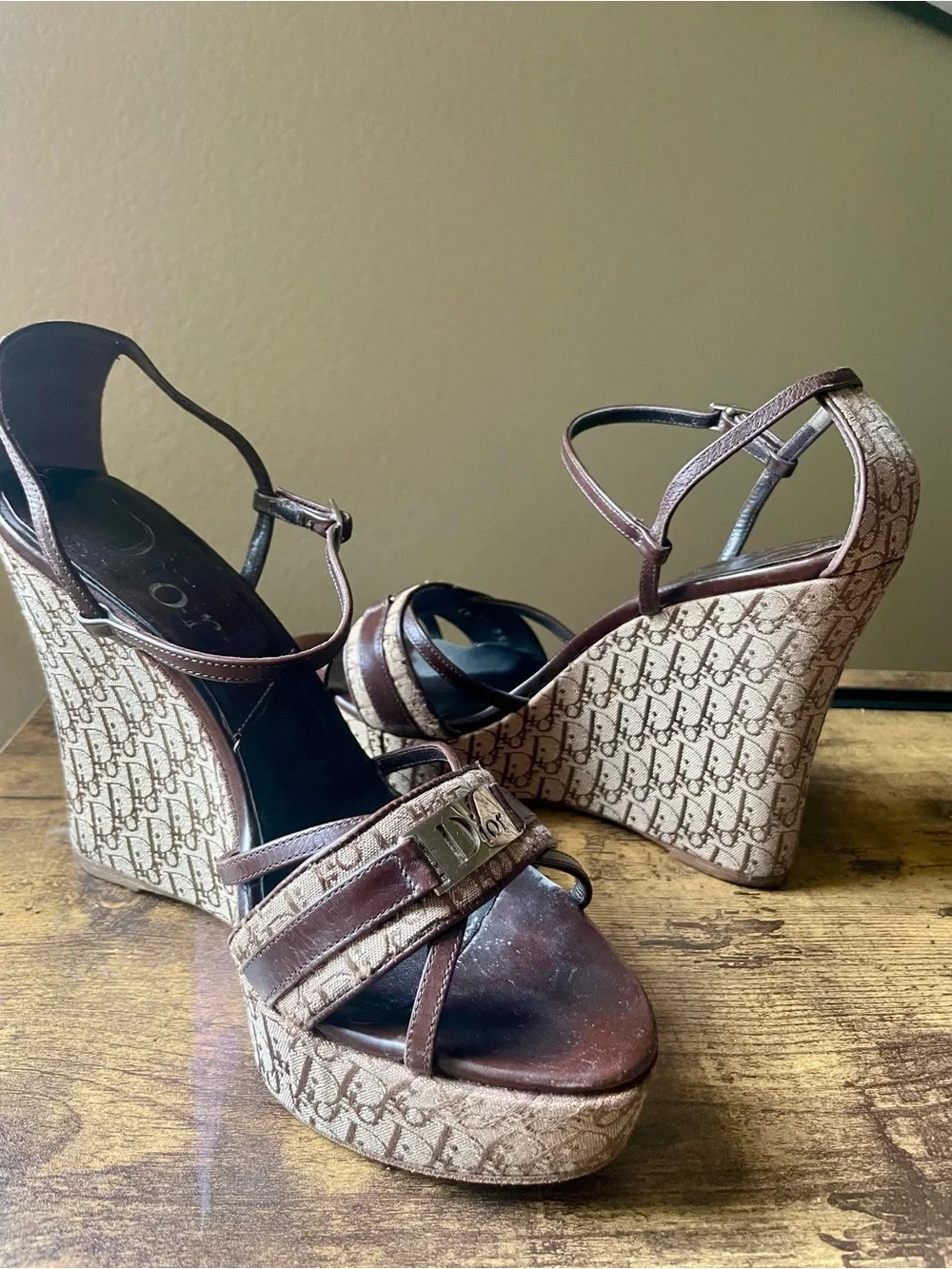 Vintage Dior Brown Monogram Canvas Wedge Sandals